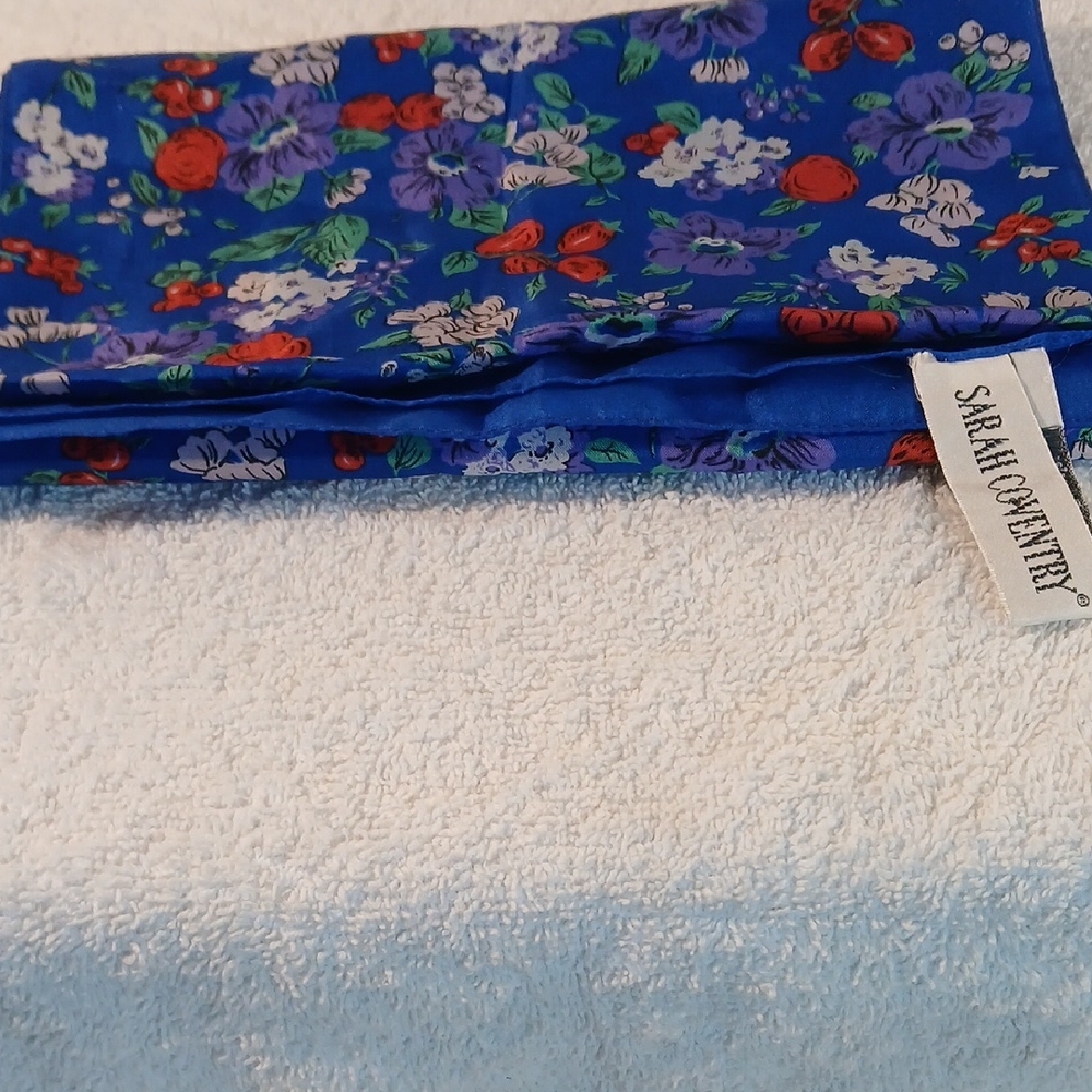 Sarah Coventry Blue Floral Scarf with Red and White Accents